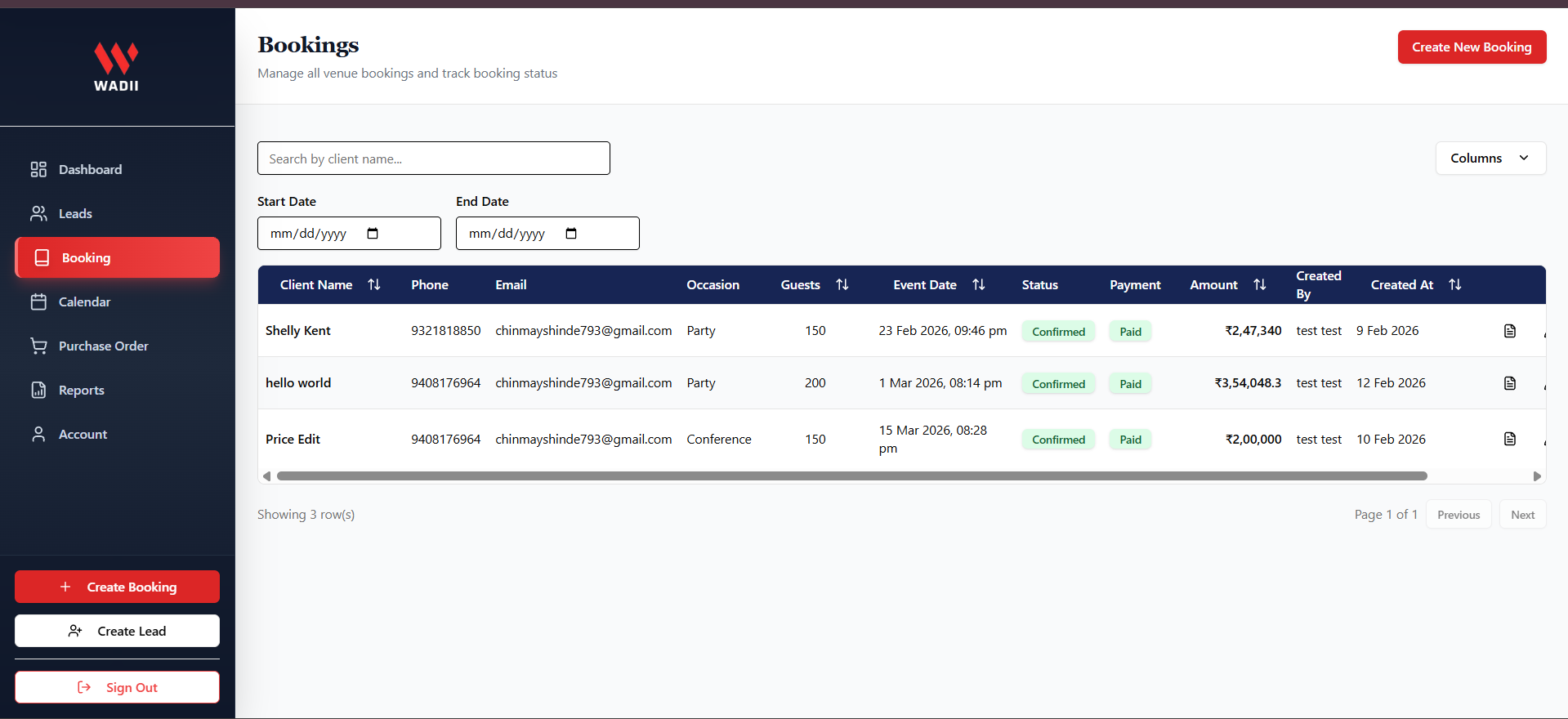 Banquet booking management dashboard showing event bookings and status tracking