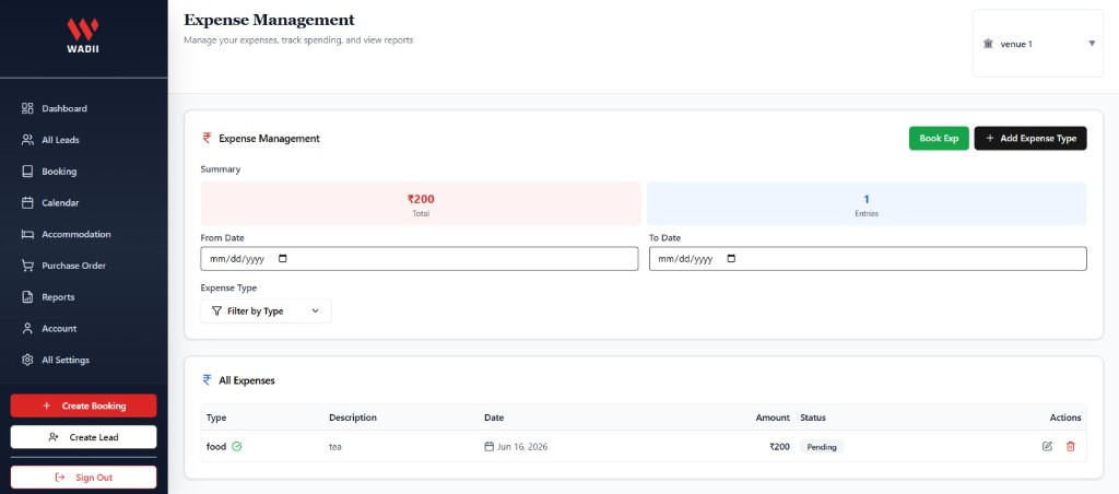 Banquet expense management dashboard for venue cost tracking