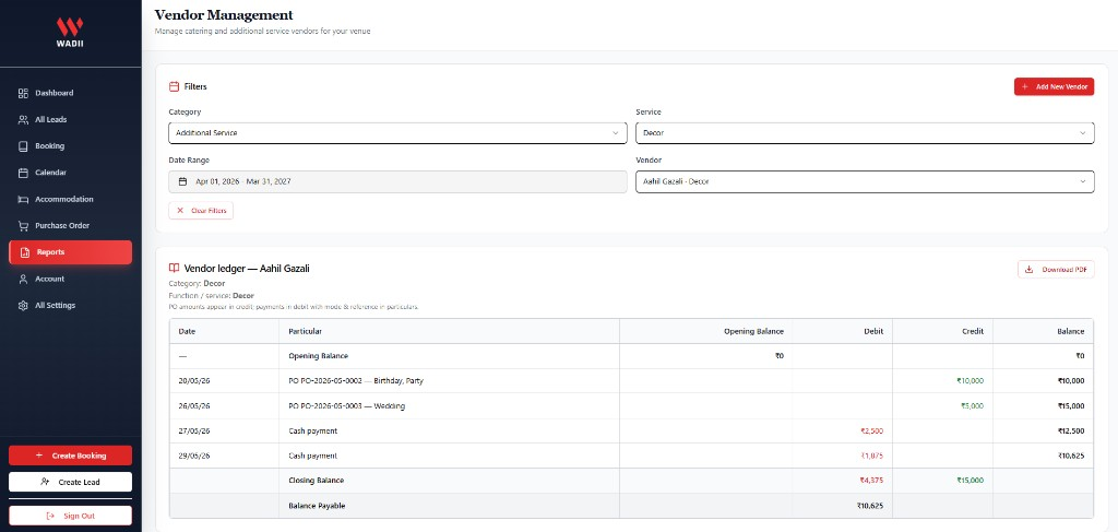 Banquet vendor management dashboard with ledger and payment tracking